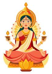 Goddess lakshmi seated on a lotus holding oil lamps for diwali celebration