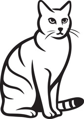 Black cat sitting silhouette with striped tail, Elegant feline illustration black and white
