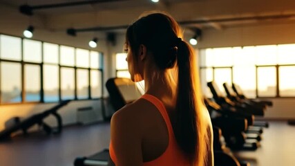  A female athlete walks through a gym, shot from behind in low dramatic lighting, highlighting her form and strength. Video for motivational and fitness-themed