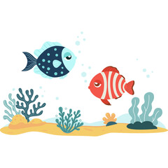 Two Cartoon Cute Tropical Fish and Sea Plants seaweed