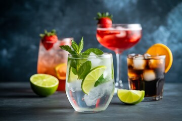 Refreshing Mixed Drinks with Fresh Fruit and Ice