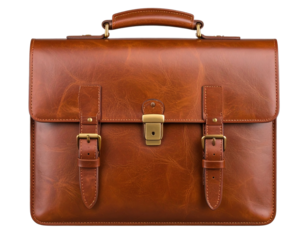 A - Classic Brown Leather Briefcase Closed, Front View with Handle and Buckles, Isolated on Transparent Background