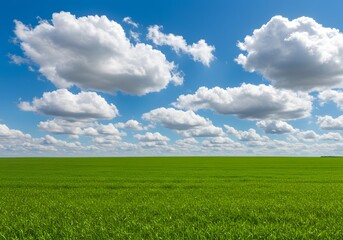 Obraz premium Beautiful Blue Sky with Fluffy Clouds and Green Grass Field, Nature Landscape Background.
