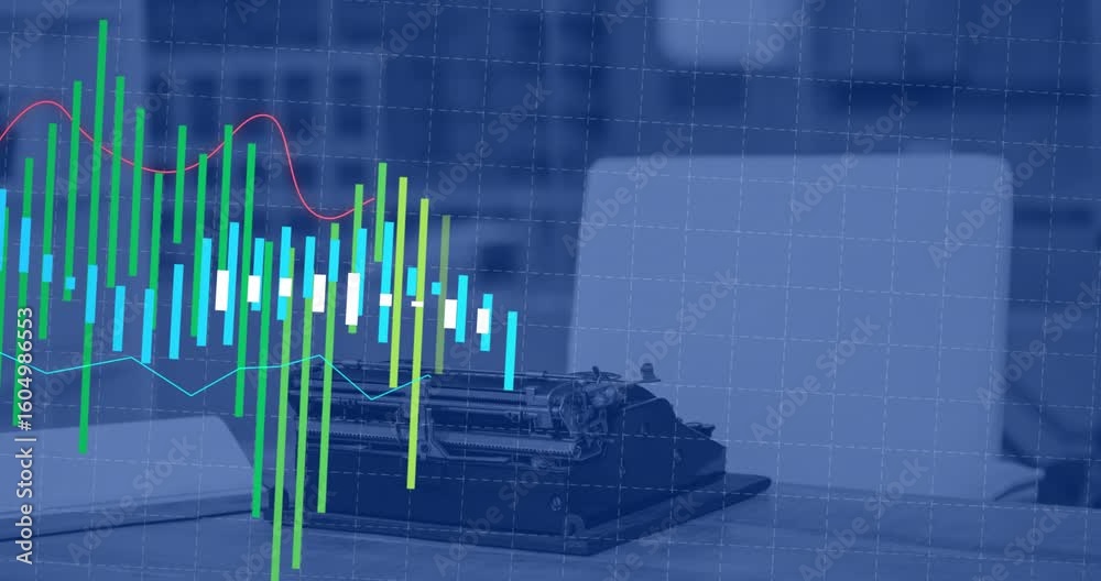 Poster start animated chart overlay appearing on desk with bars emerging and trend lines visualizing data