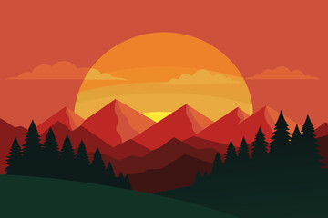Vibrant Sunset Over Mountain Range with Evergreen Forest Silhouette