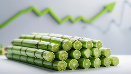 Sustainable bamboo stacks representing growth modern office product photography minimalist close-up eco-friendly concept