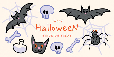 Halloween greeting card with bat, cat, skull, spider, bone and potion bottle. Cute cartoon spooky elements with spider webs. Vector illustration for trick or treat, invitations, promo, ad