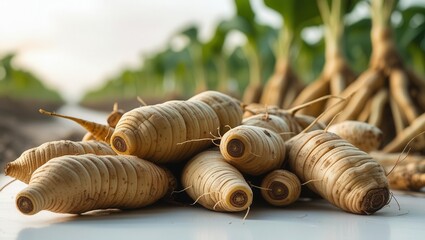 Harvesting fresh ginseng roots farm field natural produce rural setting close-up view sustainable agriculture