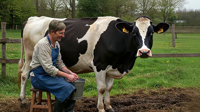 Farmer milking cow in peaceful countryside setting with rustic charm and natural environment