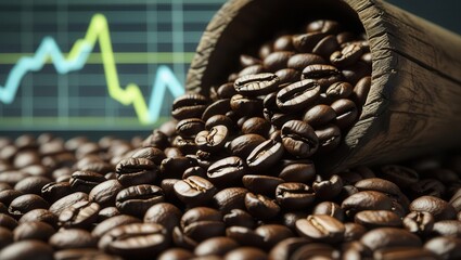Coffee beans spilling from a wooden container business analysis coffee industry market trends close-up view finance
