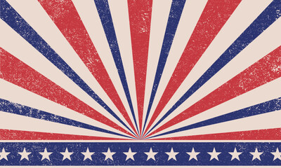 Vintage retro sunburst with stars background. Classic patriotic red blue and white rays banner, backdrop and wallpaper vector.