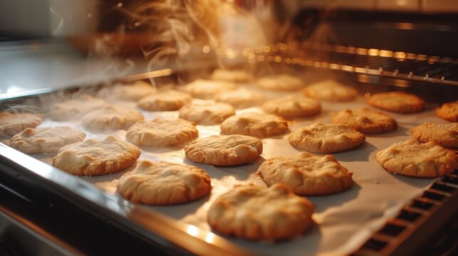 A baking tray filled with round sugar cookies, fresh from the oven with steam rising. The warm, golden lighting highlights their soft, freshly baked texture