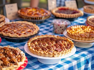 A delicious display of homemade pies, including pecan and fruit pies, on a blue and white checkered tablecloth at a county fair or bake sale. The scene is festive and inviting