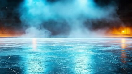Ice hockey arena with fog rising above the ice, dramatic lighting and a cold, competitive atmosphere. A perfect visual for sports branding or winter event promos.