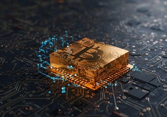 Bitcoin Cryptocurrency on Circuit Board, Digital Currency, Blockchain Technology Concept.