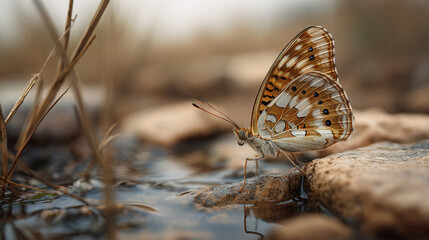 Obraz premium Beautiful Queen of Spain Fritillary Butterfly Drinking Water in Nature Macro