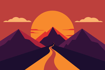 Scenic mountain road journey towards a vibrant sunset vector illustration