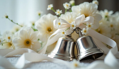 wedding rings and bouquet of flowers