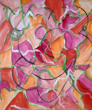 Abstract painting with  guash colorful shapes and flowing lines 