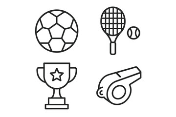 Outline icons of soccer ball, tennis racket, trophy, and whistle