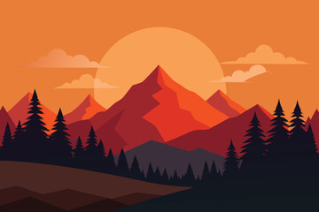 Sunset Mountain Landscape Vector Illustration: Nature, Forest, Scenery, Graphic Design