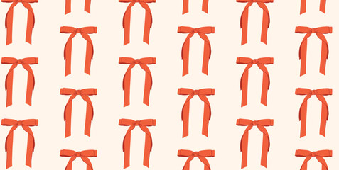 Seamless Pattern with Red Gift Bows on Light Background. Hand-drawn Repeating Ornament with Long Ribbon Ends. Flat Vector Illustration for Christmas and New Year Wrapping Paper, Greeting, Decoration