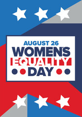 Women's Equality Day in United States. Female holiday, celebrated annually in August 26. Women right history month. Feminism concept. Poster, greeting card, banner and background. Vector illustration