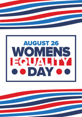 Women's Equality Day in United States. Female holiday, celebrated annually in August 26. Women right history month. Feminism concept. Poster, greeting card, banner and background. Vector illustration