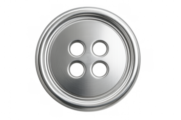 Brushed metal button with four holes isolated on transparent background, providing a simple yet elegant design element