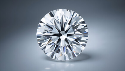 Round brilliant diamond with sparkling facets on grey background  