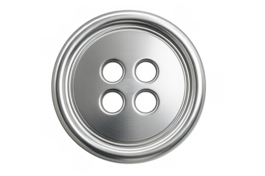 Brushed metal button with four holes isolated on transparent background, providing a simple yet elegant design element