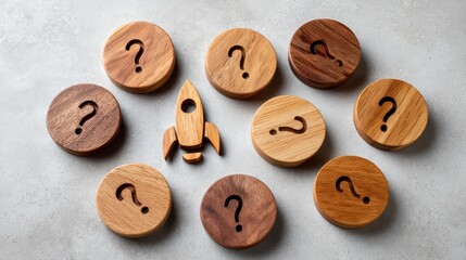Obraz premium Wooden Question Mark Tokens and Rocket Symbol on Table