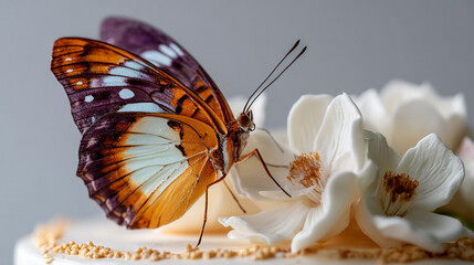 Naklejka premium Majestic Clipper Butterfly Resting on Elegant White Sugar Flower Decoration