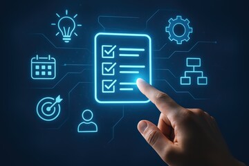 Hand Touching Virtual Checklist With Business Icons