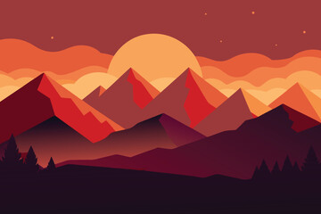 Sunset Mountain Range Vibrant Landscape Illustration