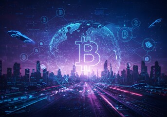 Bitcoin Crypto World Cityscape, Digital Currency, Global Finance, Cryptocurrency Technology, Blockchain, Future