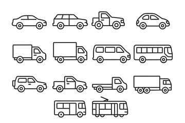 Outline icons of various vehicles including cars trucks buses and vans