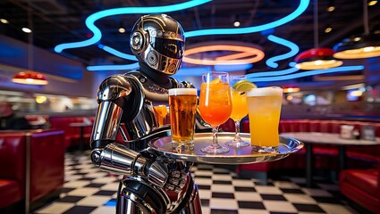 Robot waiter serving drinks in a retro diner with neon lights