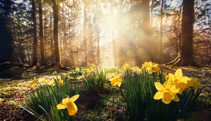 Obraz premium daffodil flowers in sunny forest
