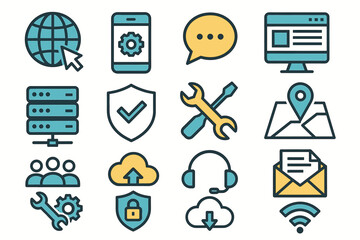 Colorful digital technology icons: web, mobile, cloud, security, navigation tools
