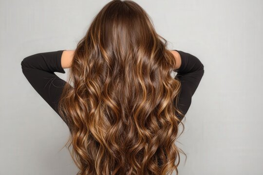 A woman with long, wavy brown hair featuring balayage highlights poses from behind in a salon, showcasing professional hairdressing and coloring services.
