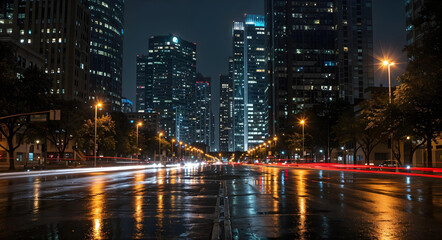 Fototapeta premium Nighttime cityscape photo of illuminated modern skyscrapers, street lights, and reflections on wet pavement, vibrant urban atmosphere, no people.