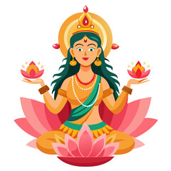 Beautiful goddess lakshmi seated on a lotus flower holding lotus blossoms