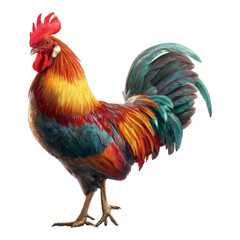 Fototapeta premium A vibrant rooster standing against a black background showcasing its colorful plumage and proud posture on transparent background
