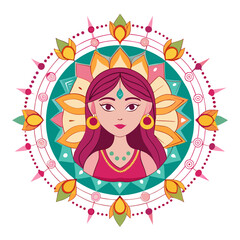 Beautiful indian woman with traditional mandala art and floral elements