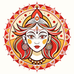 Stylized illustration of the hindu goddess durga in a circular mandala design
