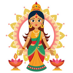 Beautiful indian woman in traditional attire with diya lamps and mandala design