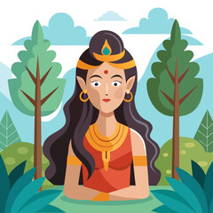 Beautiful indian woman with long dark hair and traditional attire in a lush green forest