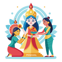 Two women offering flowers and food to a divine goddess in traditional indian attire