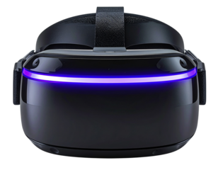 A - Front-Facing Black Virtual Reality Headset with Glowing Purple Light Strip, Isolated on Transparent Background.
